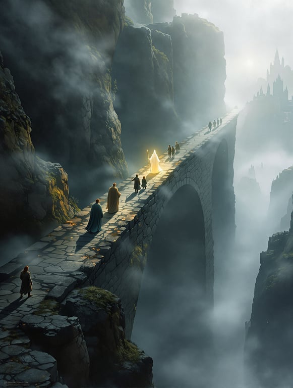 The Fellowship Journey Across the Misty Bridge