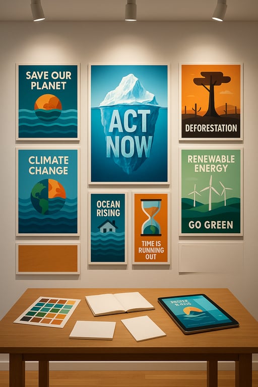 Gallery wall displaying a variety of climate change posters