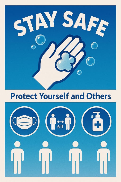 Health and safety poster with mask and hand washing icons