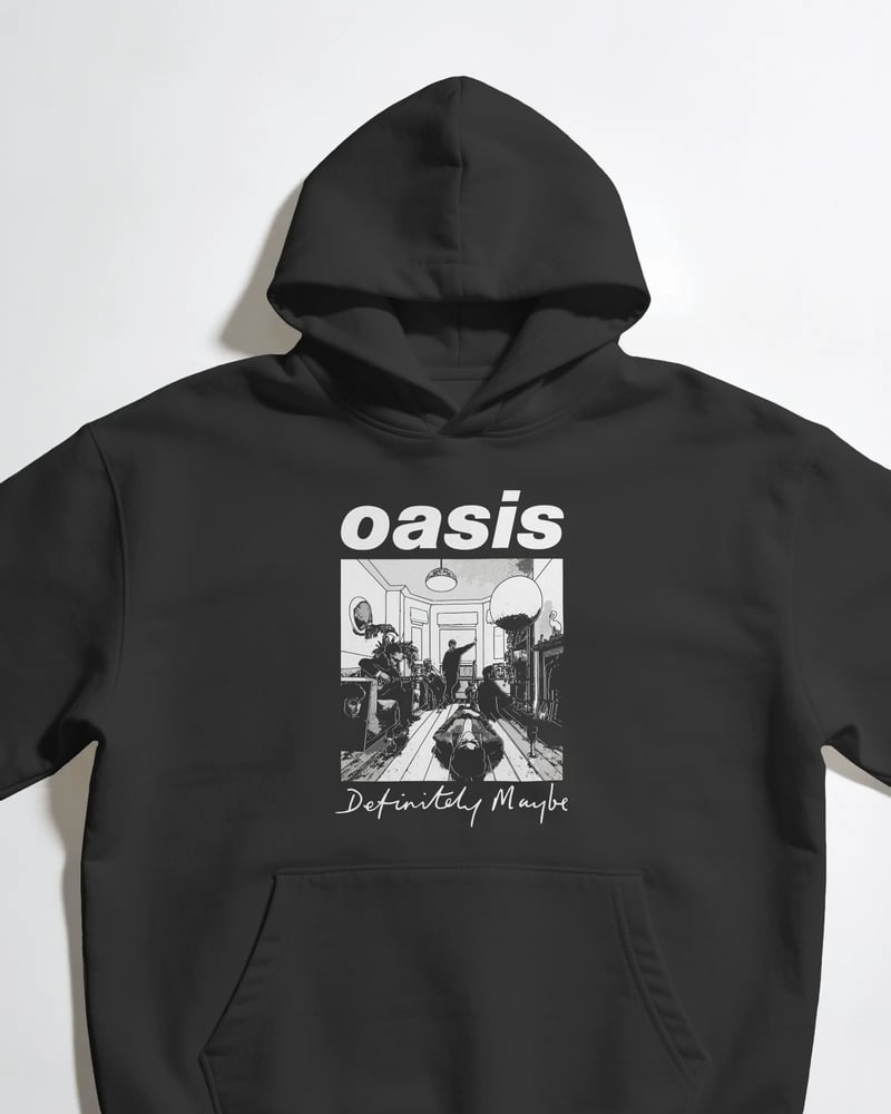 Siyah oversize kapüşonlu sweatshirt üzerinde Oasis Definitely Maybe baskısı, fotoğraf 1/3