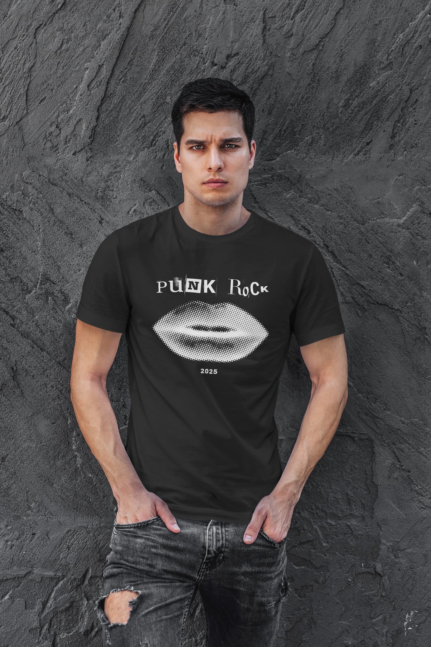 Punk Rock Dijital Baskı Siyah Unisex Tişört