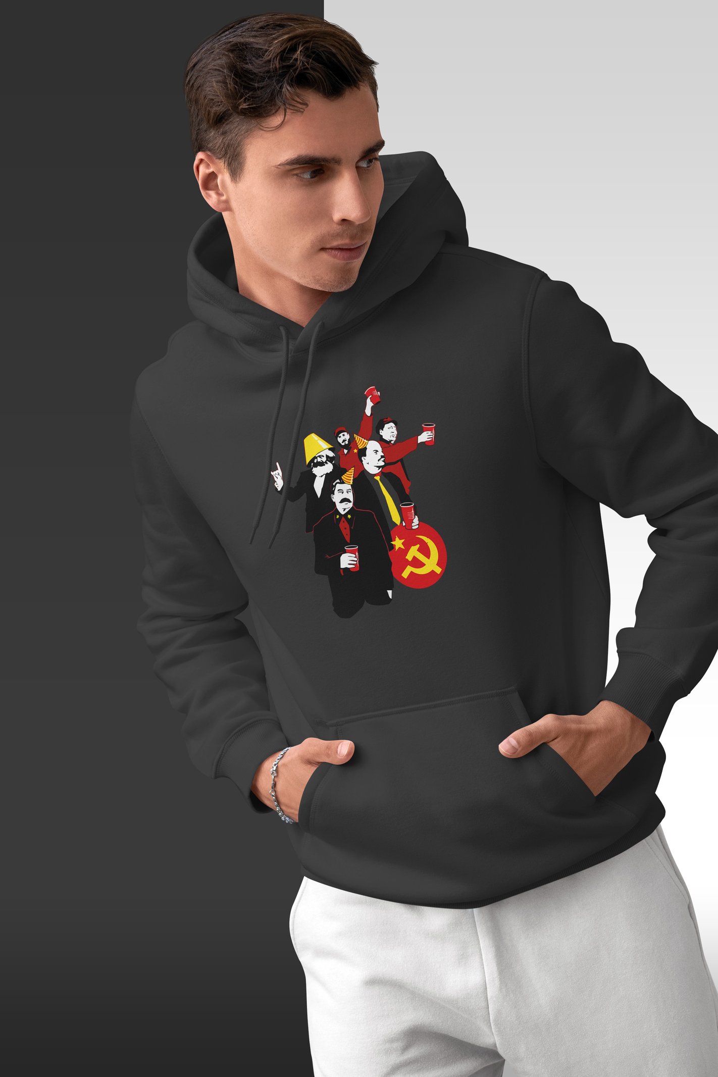 Communist Party Dijital Baskı Siyah Kapüşonlu Sweatshirt