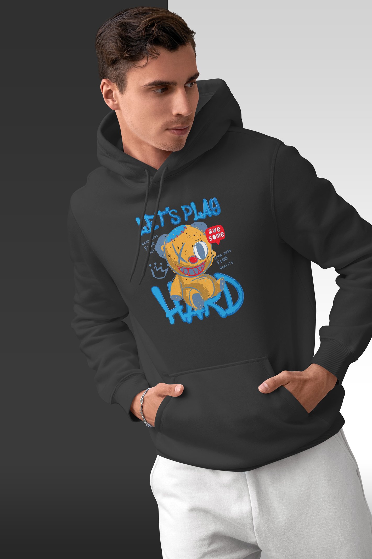 Let's Play Hard Dijital Baskı Siyah Kapüşonlu Sweatshirt