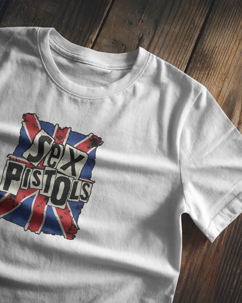 Beyaz regular tişört üzerinde Sex Pistols baskısı, vintage tarzı, fotoğraf 1/3