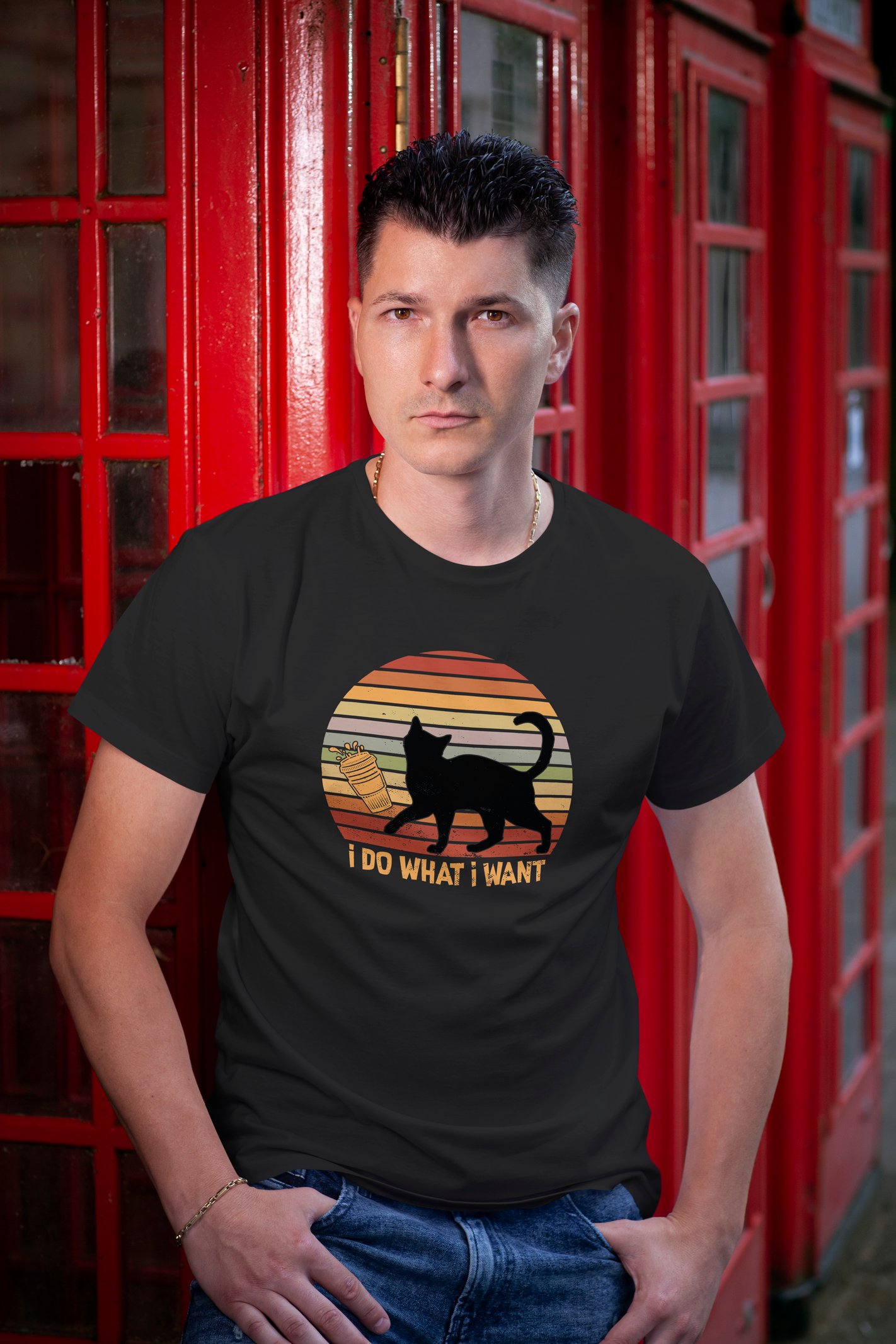 Kedi Dijital Baskı Unisex Siyah Tişört