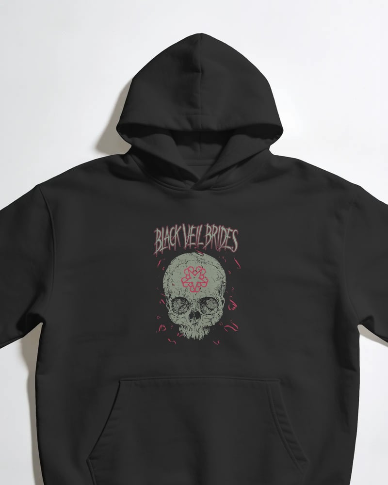 Siyah oversize kapüşonlu sweatshirt üzerinde Black Veil Brides baskısı, gotik tarzı, kafatası figürlü, fotoğraf 1/3