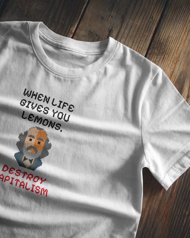 Beyaz regular tişört üzerinde Destroy Capitalism Karl Marx baskısı, fotoğraf 1/3