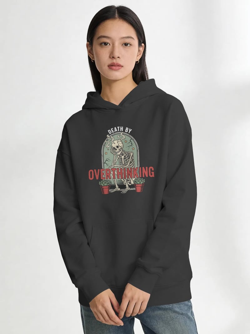 Overthinking Unisex Siyah Kapüşonlu Sweatshirt