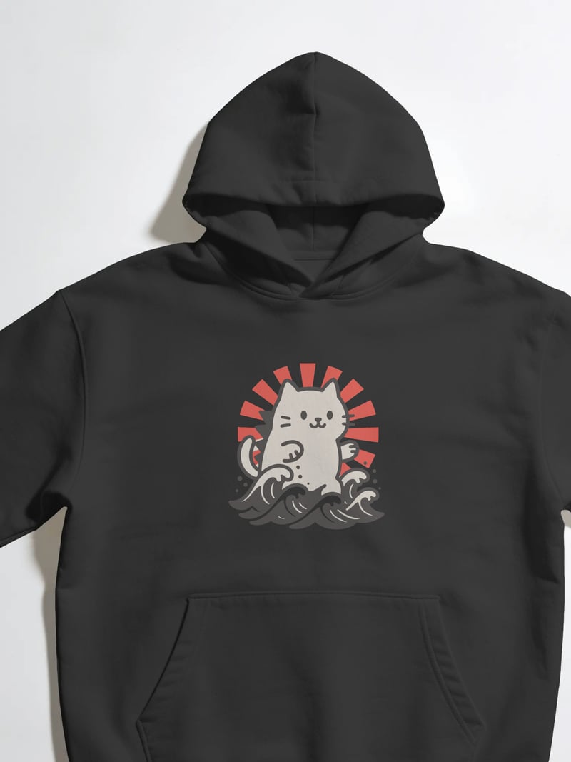 Kanagawe Unisex Siyah Kapüşonlu Sweatshirt