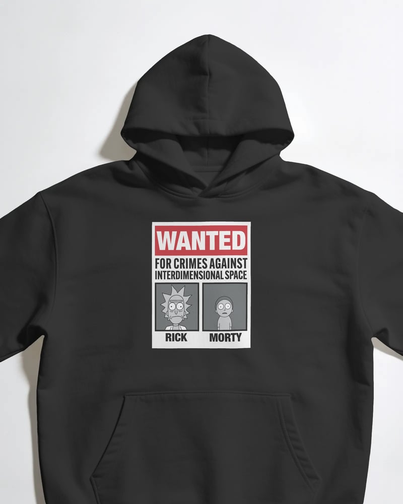Siyah oversize kapüşonlu sweatshirt üzerinde Rick and Morty Wanted baskısı, fotoğraf 1/3