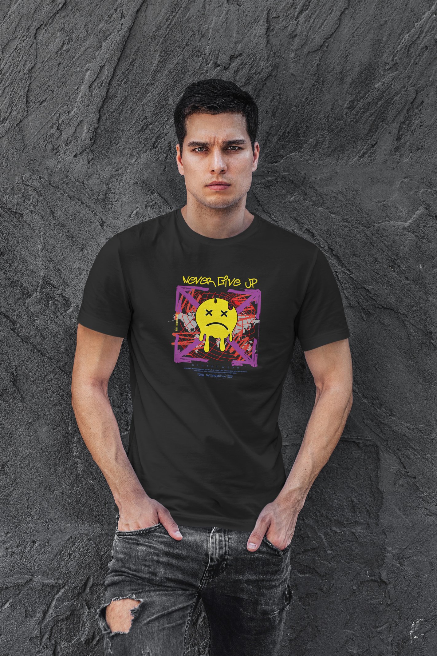 Never Give Up Dijital Baskı Siyah Unisex Tişört