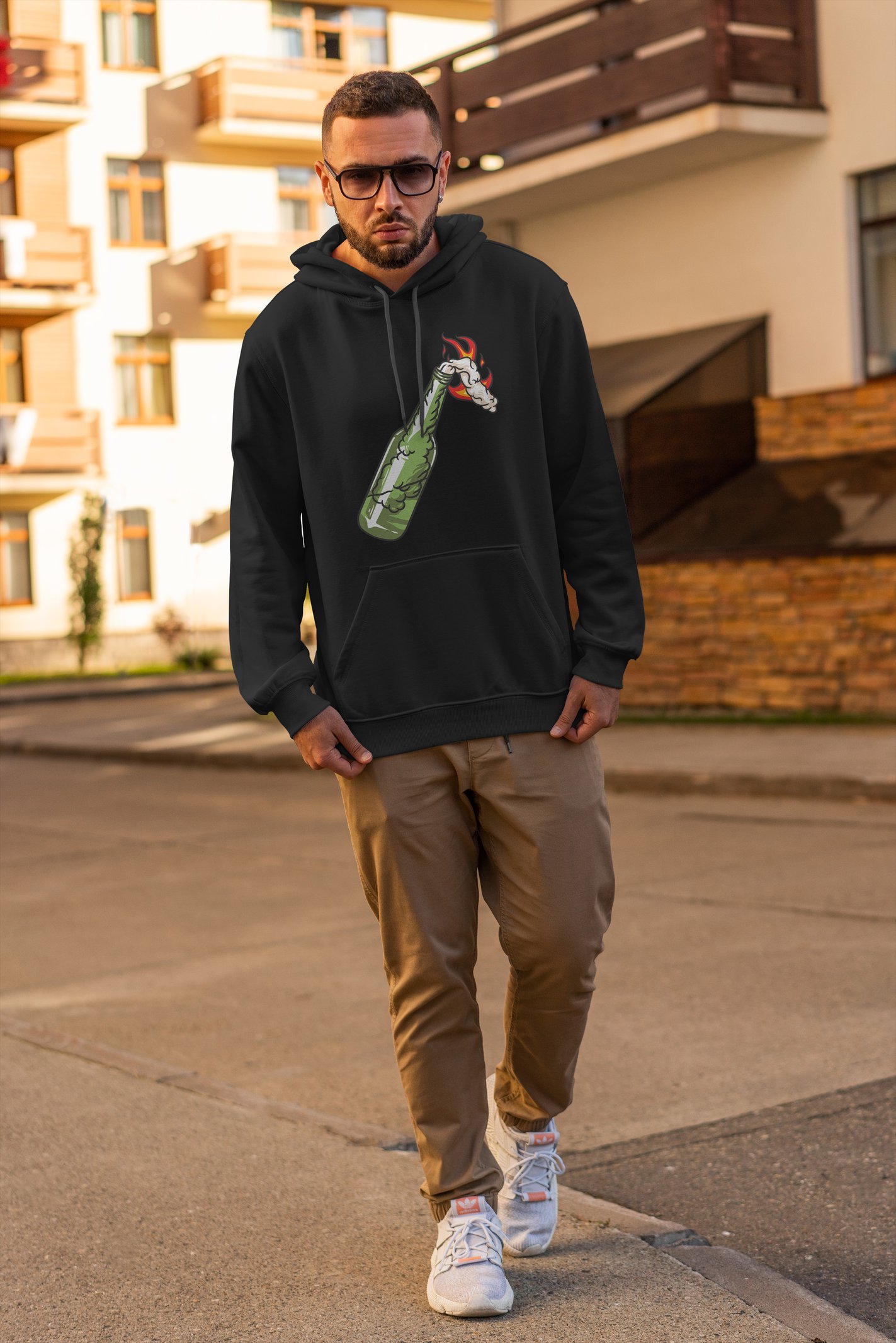 Molotof Dijital Baskı Siyah Kapüşonlu Sweatshirt