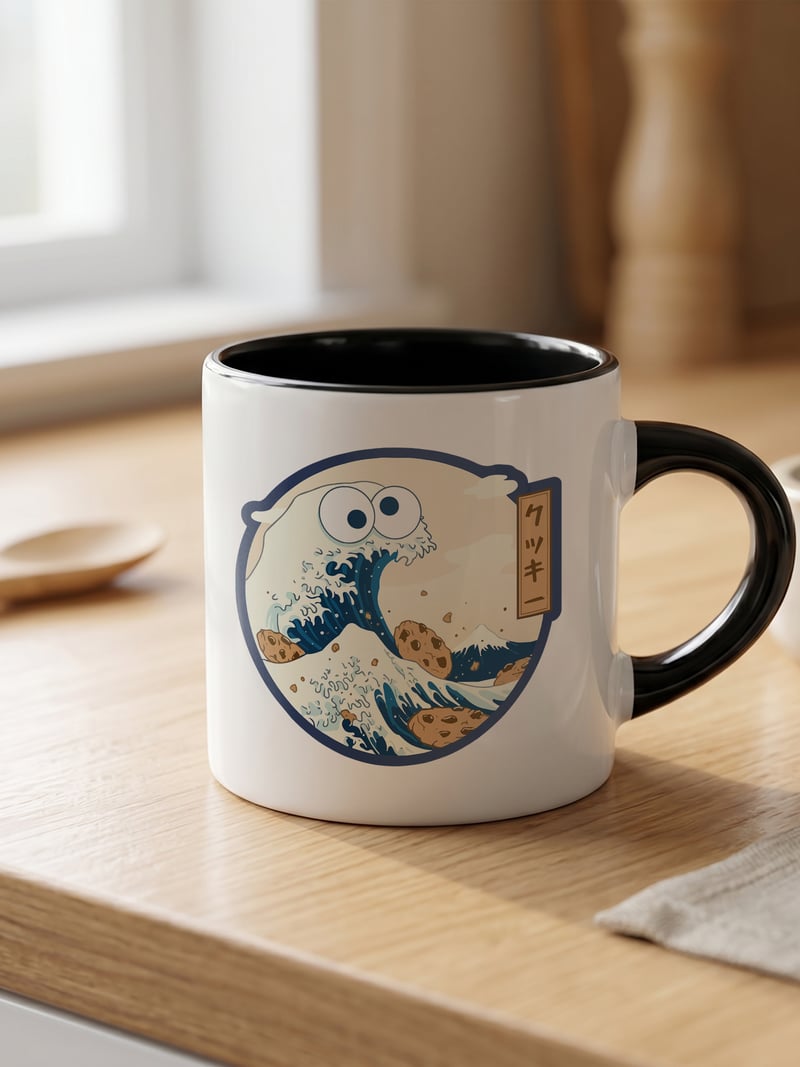 Kanagawa Kurabiye Canavarı 180 ml Beyaz Siyah Kahve Kupası