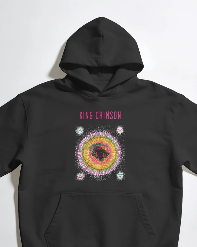 Siyah oversize kapüşonlu sweatshirt üzerinde King Crimson Göz baskısı, psikedelik tarzı, fotoğraf 1/3