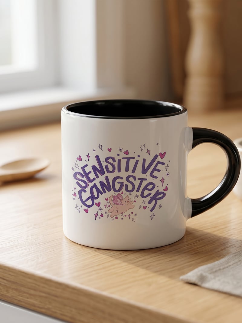 Sensitive Gangster 180 ml Beyaz Siyah Kahve Kupası