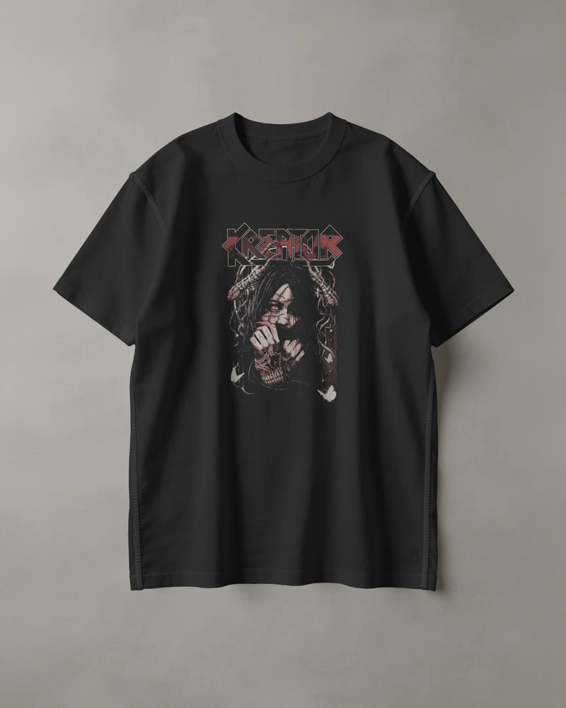 Siyah regular tişört üzerinde Kreator baskısı, gotik tarzı, fotoğraf 1/3