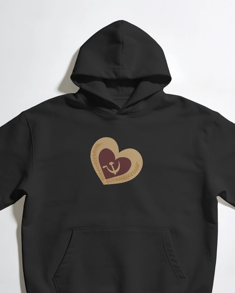 Siyah oversize kapüşonlu sweatshirt üzerinde Communism Love baskısı, fotoğraf 1/3