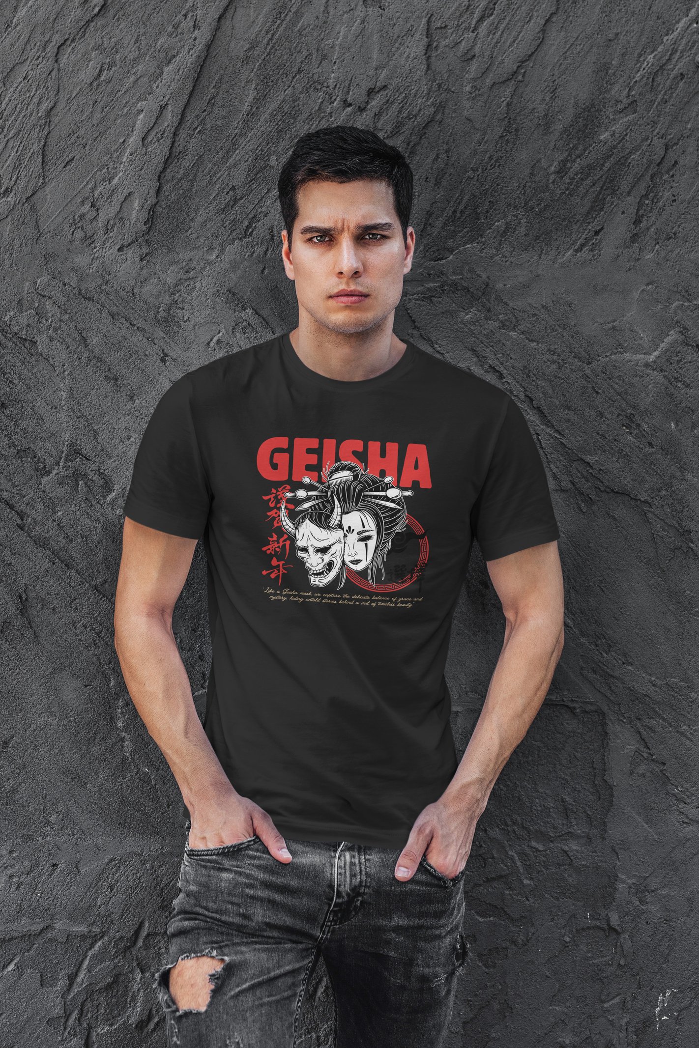 Geisha Dijital Baskı Siyah Unisex Tişört