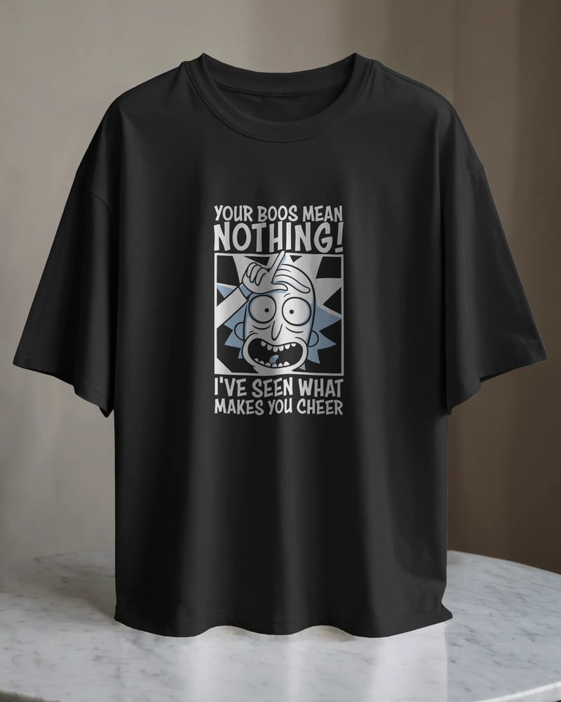 Siyah regular tişört üzerinde Rick and Morty Your Boos Mean Nothing baskısı, tipografik tarzı, fotoğraf 1/3