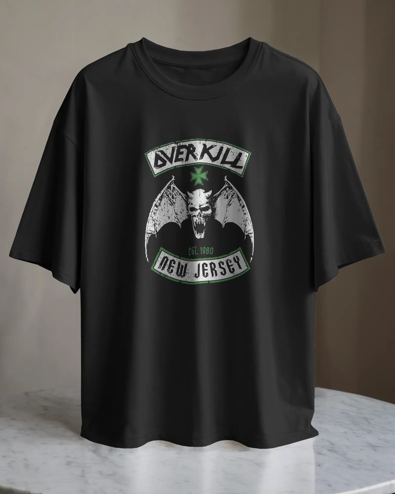 Siyah regular tişört üzerinde Overkill New Jersey baskısı, vintage tarzı, fotoğraf 1/3