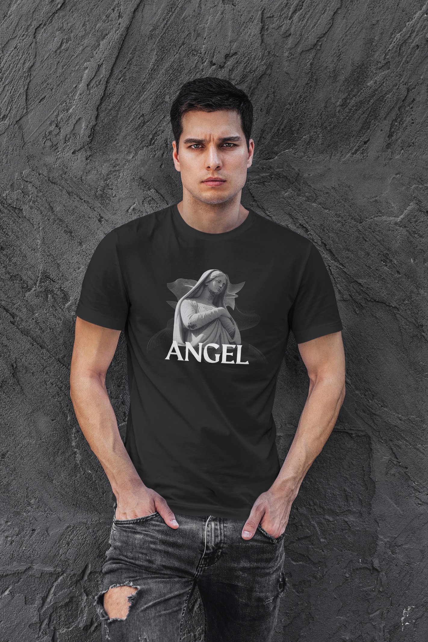 Angel Dijital Baskı Siyah Unisex Tişört