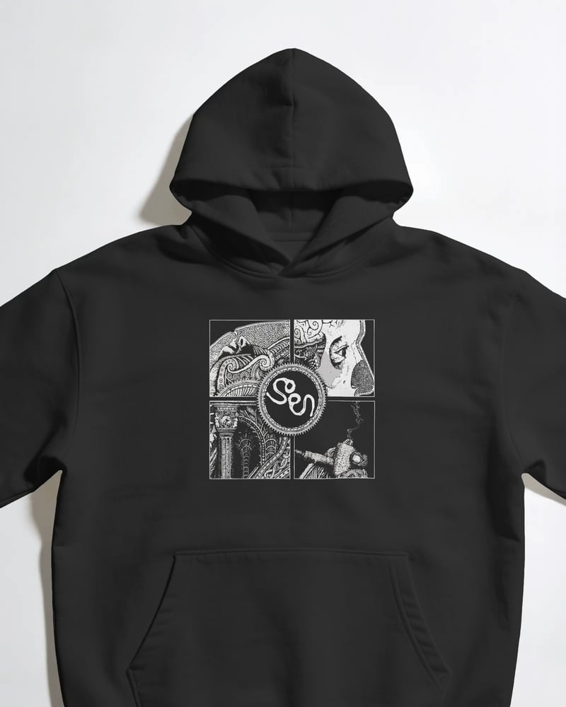 Siyah oversize kapüşonlu sweatshirt üzerinde Soen baskısı, fotoğraf 1/3