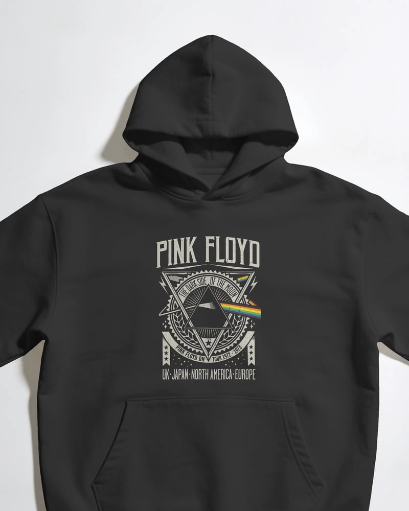 Siyah oversize kapüşonlu sweatshirt üzerinde Pink Floyd baskısı, psikedelik tarzı, fotoğraf 1/3