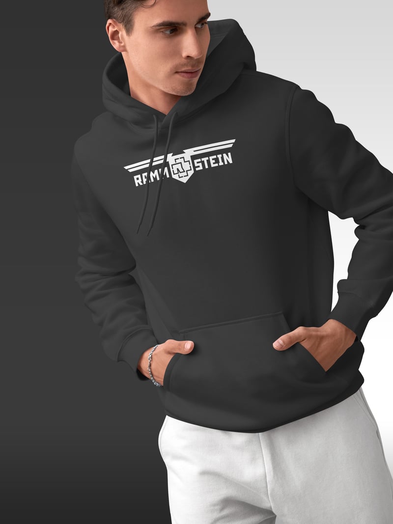 Siyah oversize kapüşonlu sweatshirt üzerinde Rammstein Kanatlı Arma baskısı, gotik tarzı, fotoğraf 1/3