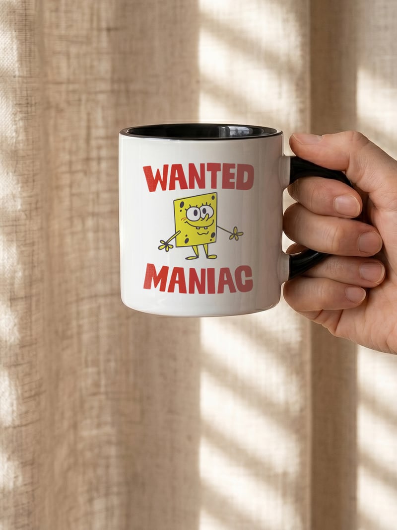 Wanted Maniac Spongebob 180 ml Beyaz Siyah Kahve Kupası