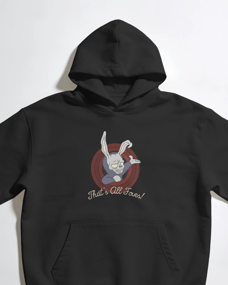 Siyah oversize kapüşonlu sweatshirt üzerinde Donnie Darko That's All Folks baskısı, karikatür tarzı, fotoğraf 1/3