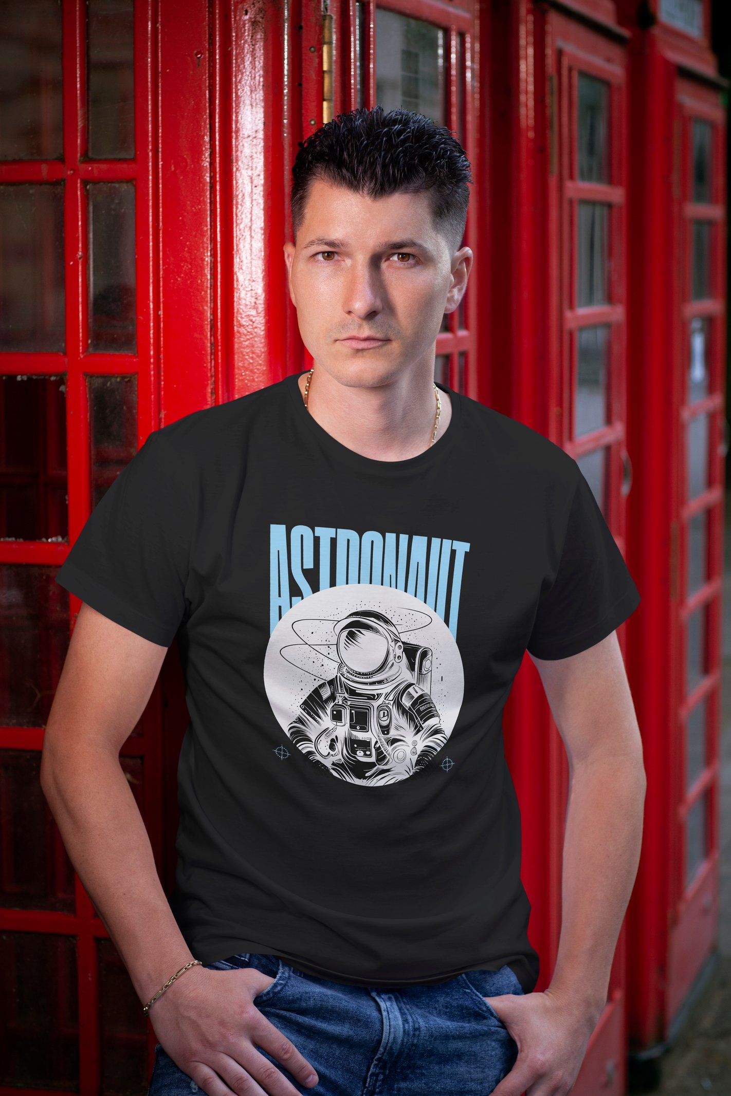 Astronaut Dijital Baskılı Siyah Tişört