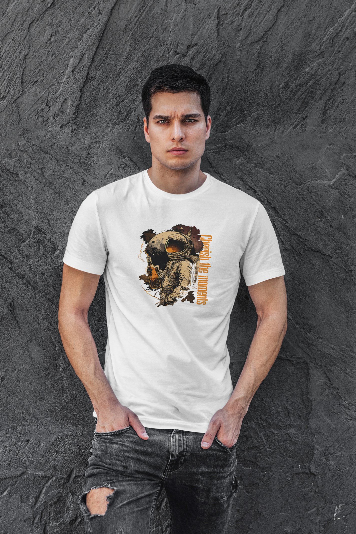 Cherish the Moments Astronot Dijital Baskı  Unisex Beyaz T-Shirt