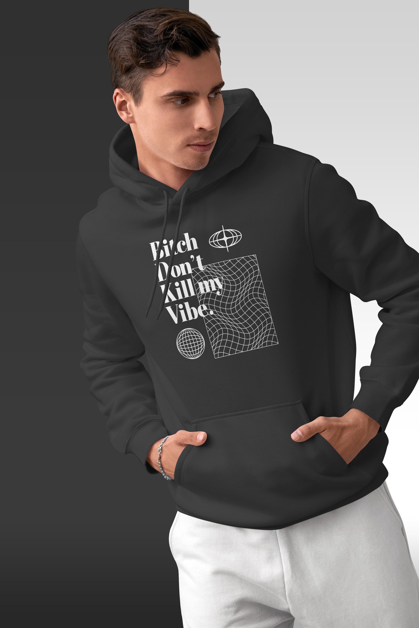 Don't Kill My Vibe Dijital Baskı Siyah Kapüşonlu Sweatshirt
