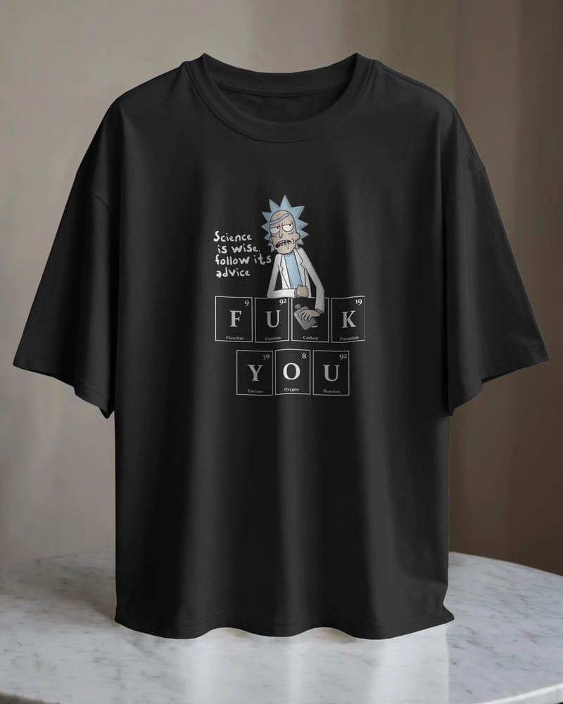 Siyah regular tişört üzerinde Rick and Morty Science is Wise baskısı, fotoğraf 1/3