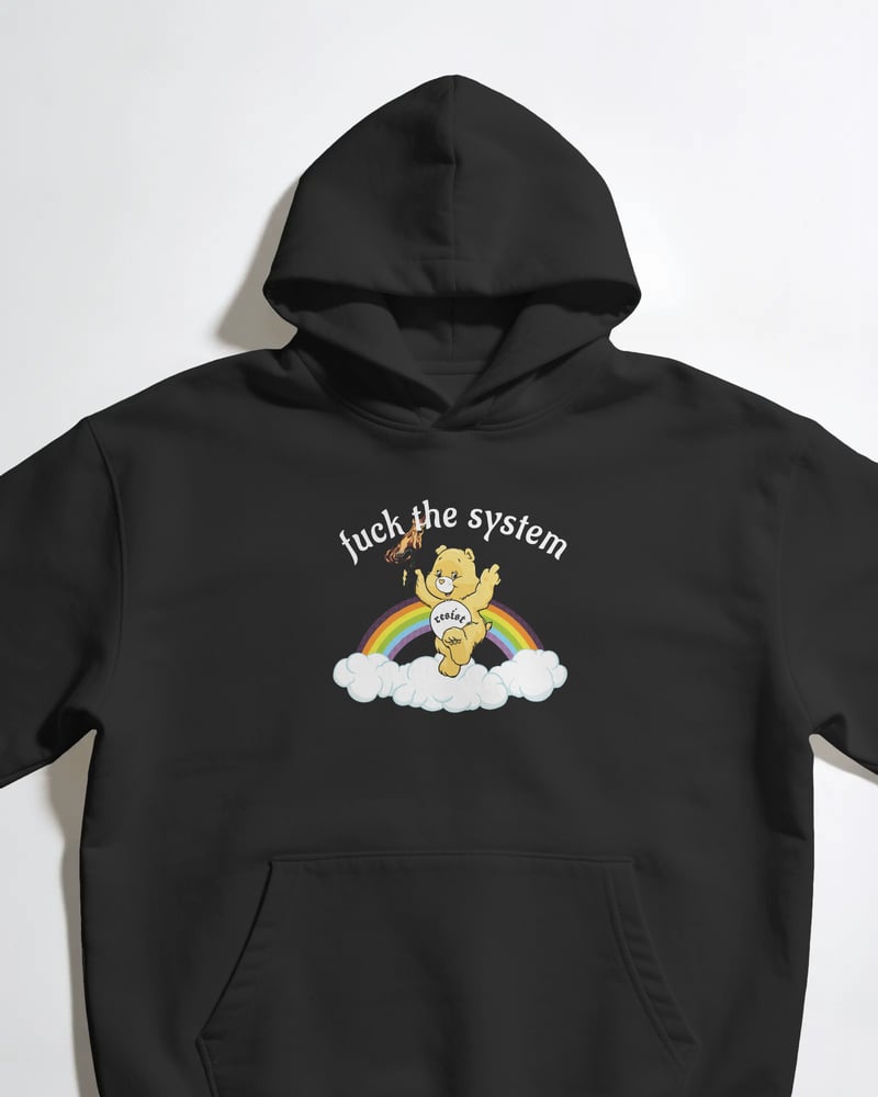 Siyah oversize kapüşonlu sweatshirt üzerinde F*ck The System Teddy Bear baskısı, fotoğraf 1/3