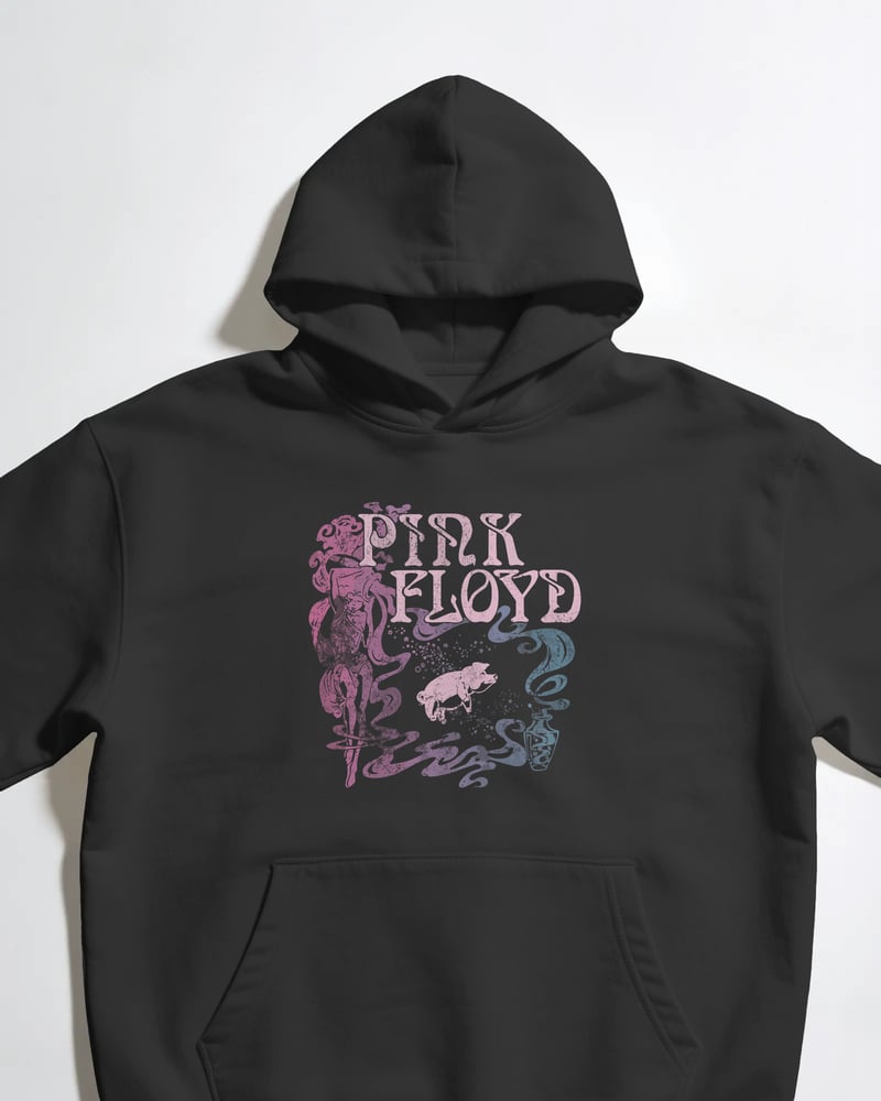 Siyah oversize kapüşonlu sweatshirt üzerinde Pink Floyd baskısı, psikedelik tarzı, fotoğraf 1/3