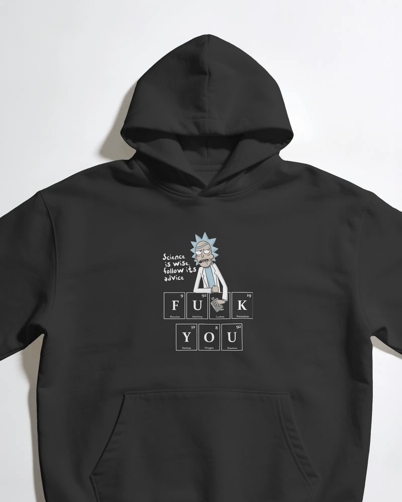 Siyah oversize kapüşonlu sweatshirt üzerinde Rick and Morty Science is Wise baskısı, fotoğraf 1/3
