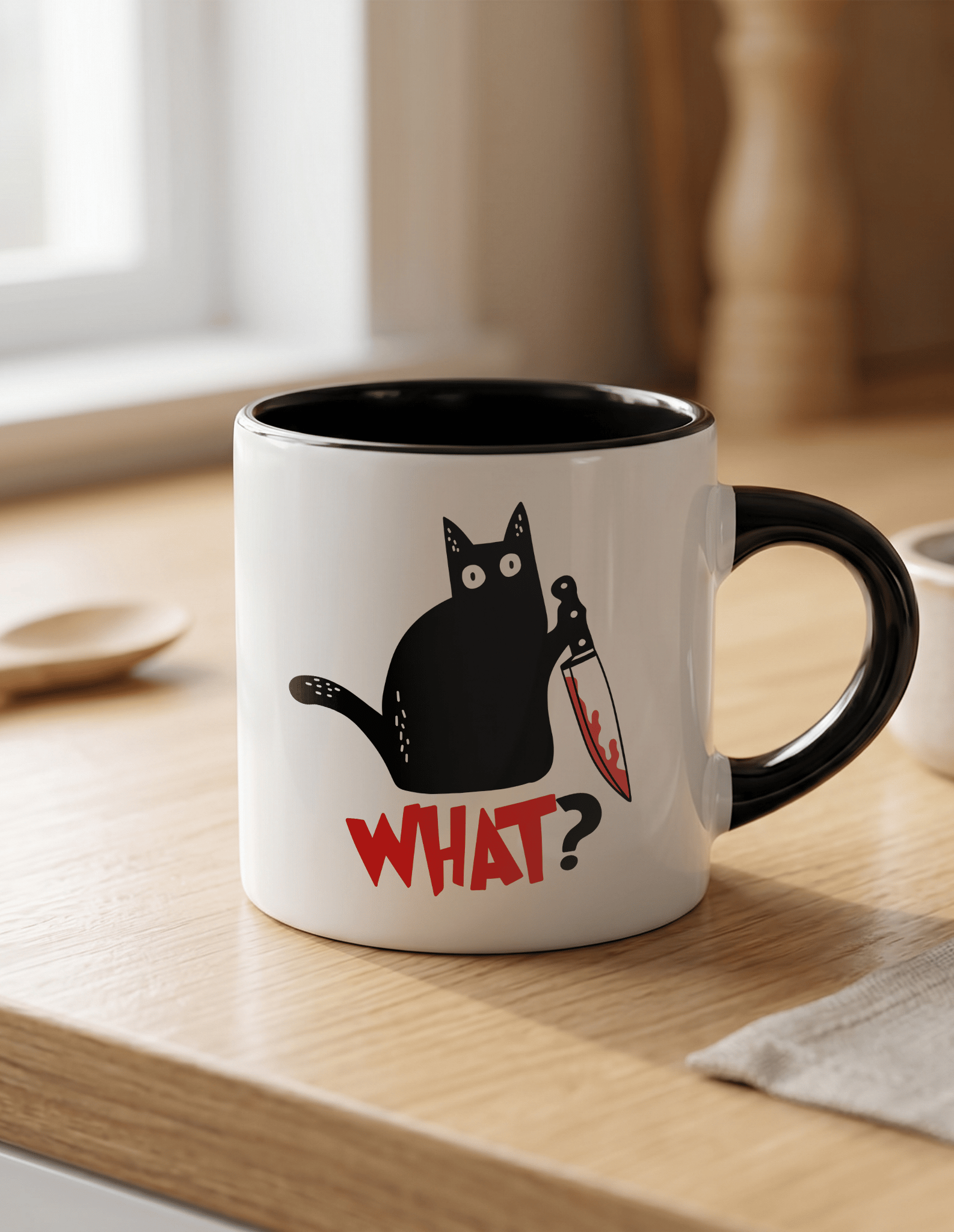 What? Kedi 180 ml Beyaz Siyah Kahve Kupası