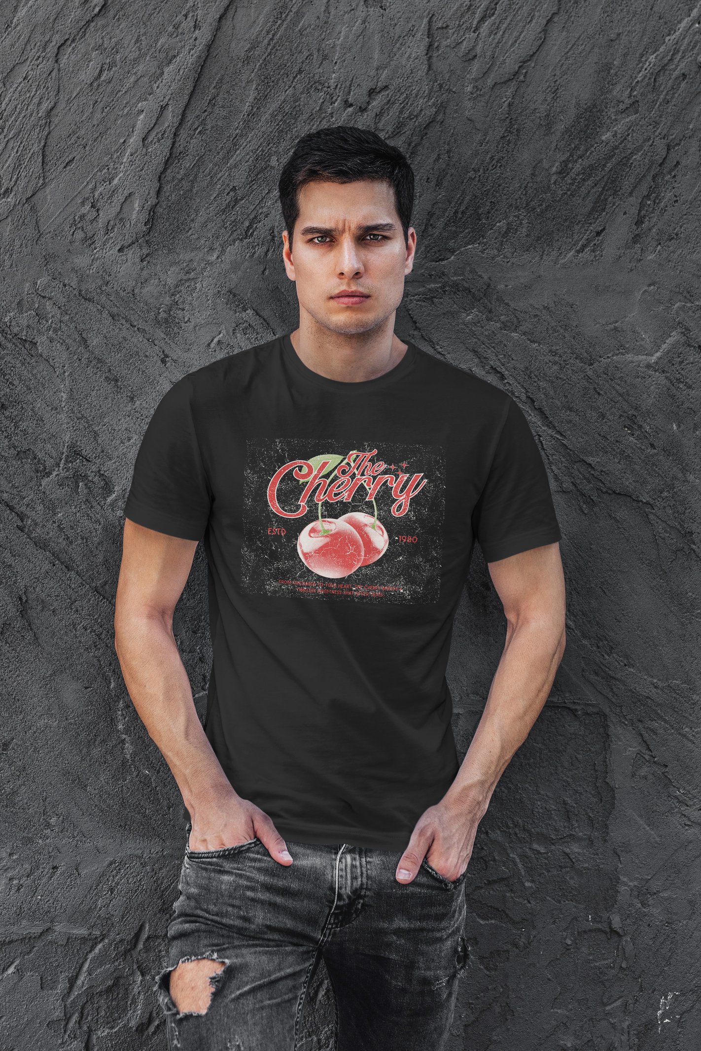Cherry Dijital Baskı Siyah Unisex Tişört
