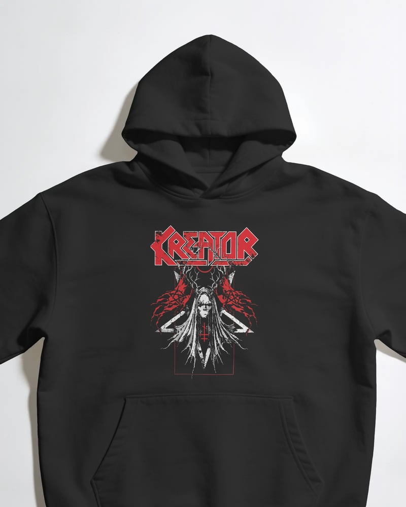 Siyah oversize kapüşonlu sweatshirt üzerinde Kreator Geyik Boynuzlu Maske baskısı, gotik tarzı, fotoğraf 1/3
