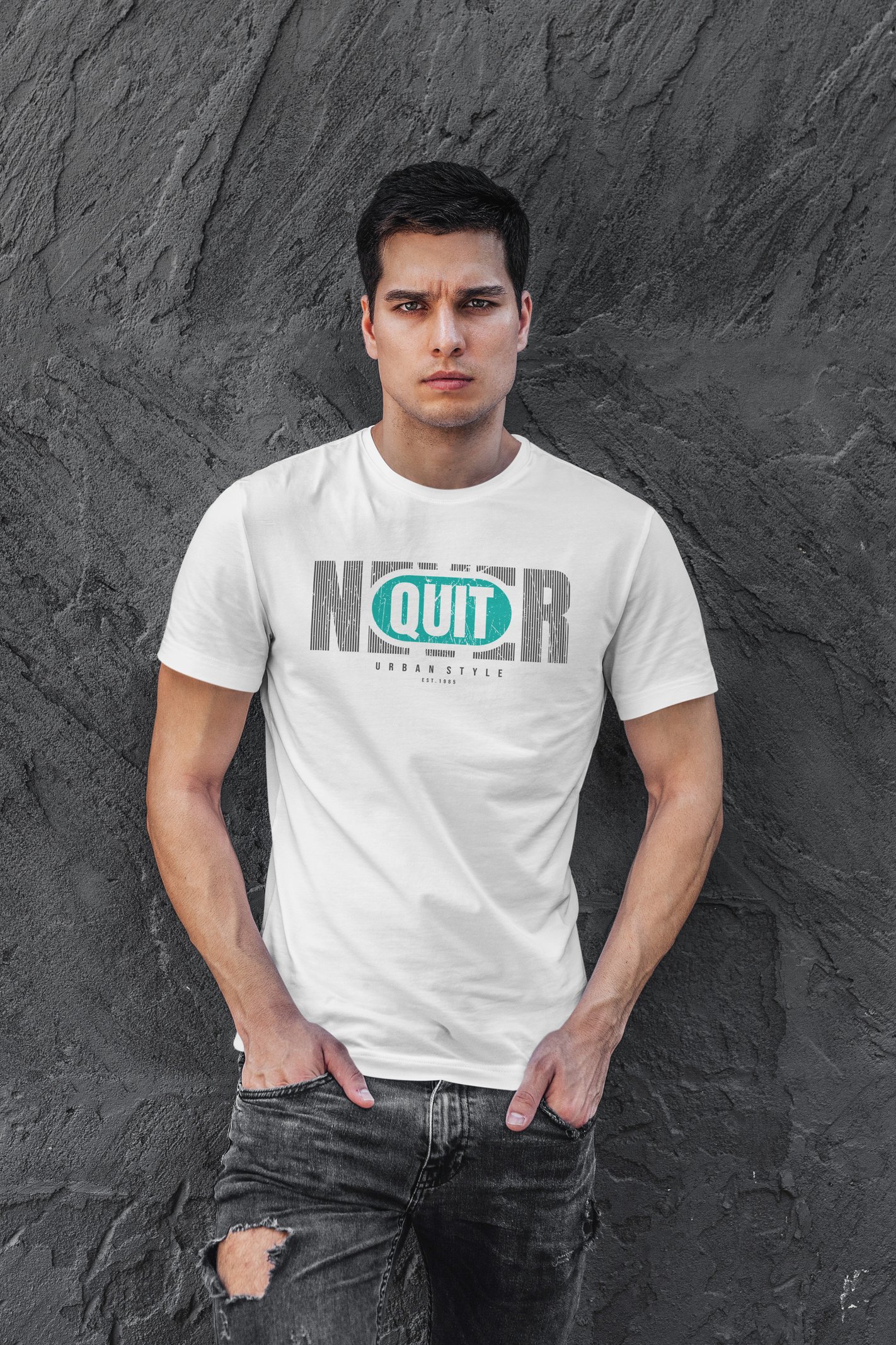 Never Quit Dijital Baskı Beyaz Unisex Tişört