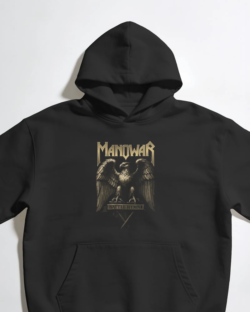 Siyah oversize kapüşonlu sweatshirt üzerinde Manowar baskısı, fotoğraf 1/3