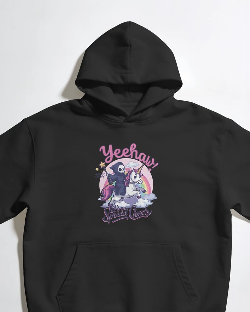 Siyah oversize kapüşonlu sweatshirt üzerinde Special Chaos baskısı, karikatür tarzı, fotoğraf 1/3