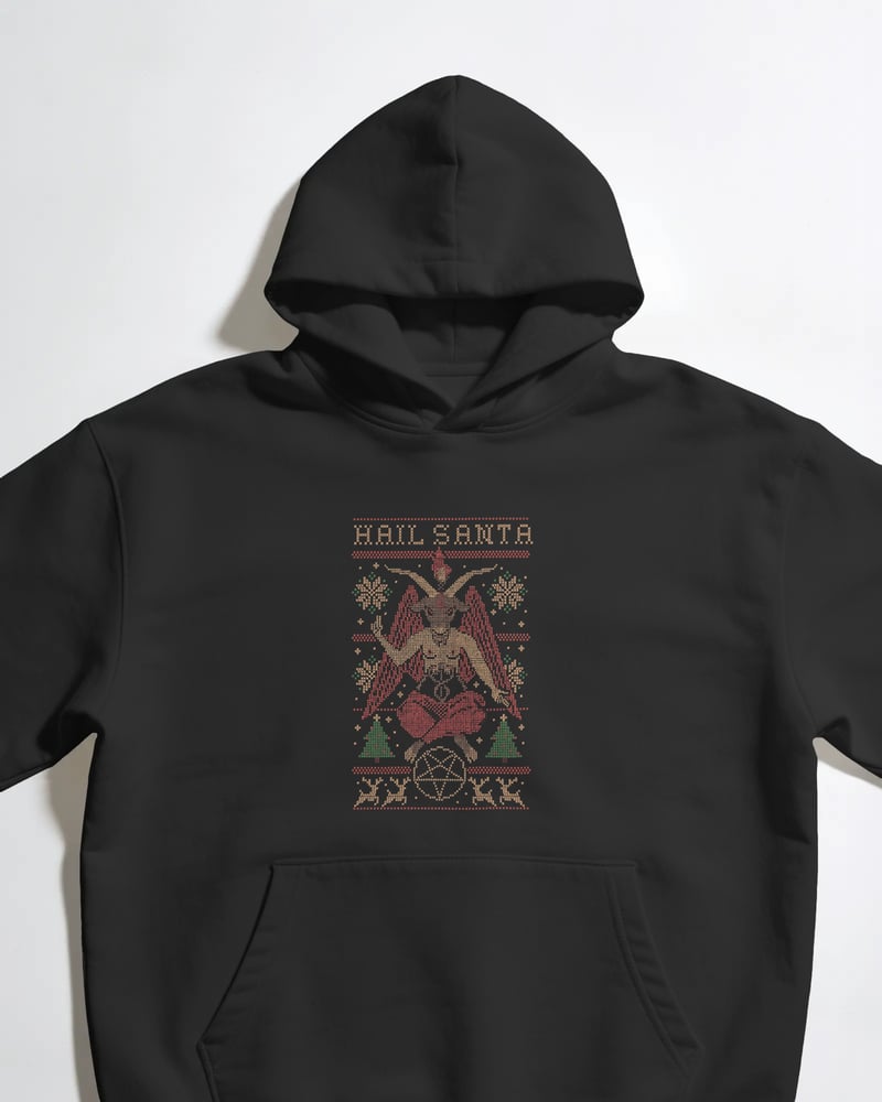 Siyah oversize kapüşonlu sweatshirt üzerinde Hail Santa baskısı, gotik tarzı, fotoğraf 1/3