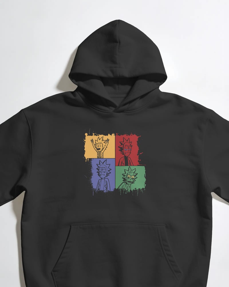 Siyah oversize kapüşonlu sweatshirt üzerinde Rick and Morty Colors baskısı, fotoğraf 1/3