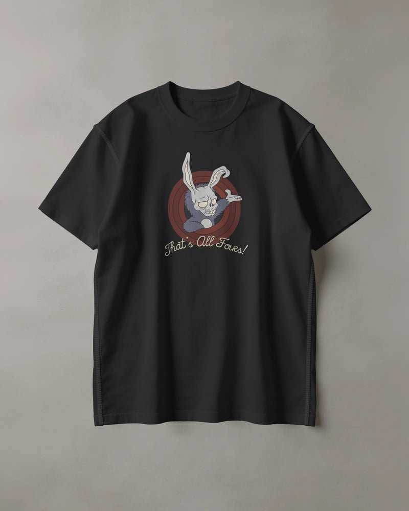 Siyah regular tişört üzerinde Donnie Darko That's All Folks baskısı, karikatür tarzı, fotoğraf 1/3