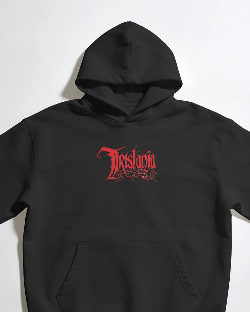 Siyah oversize kapüşonlu sweatshirt üzerinde Tristania baskısı, gotik tarzı, fotoğraf 1/3