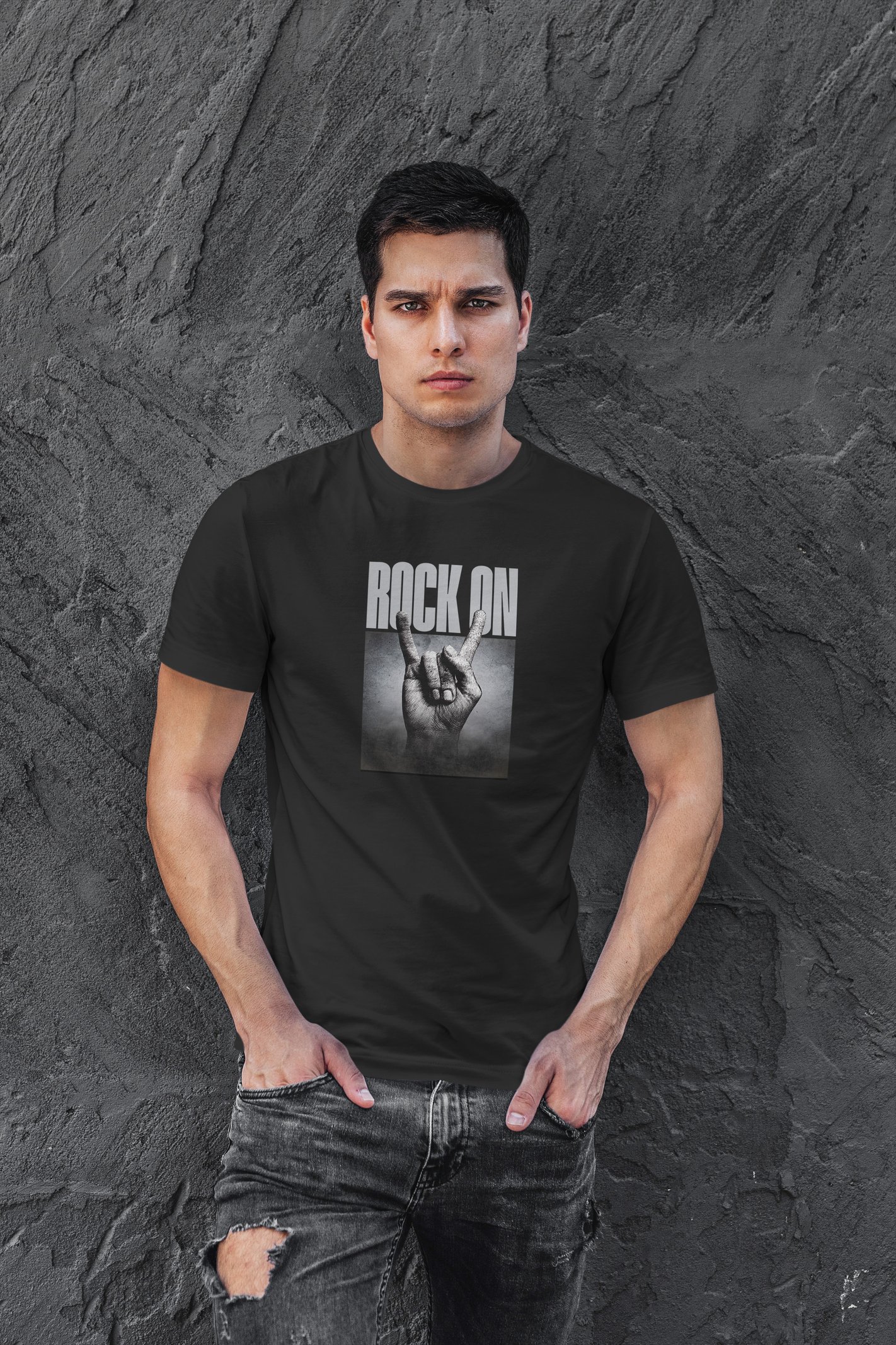 Rock On Dijital Baskı Siyah Unisex Tişört