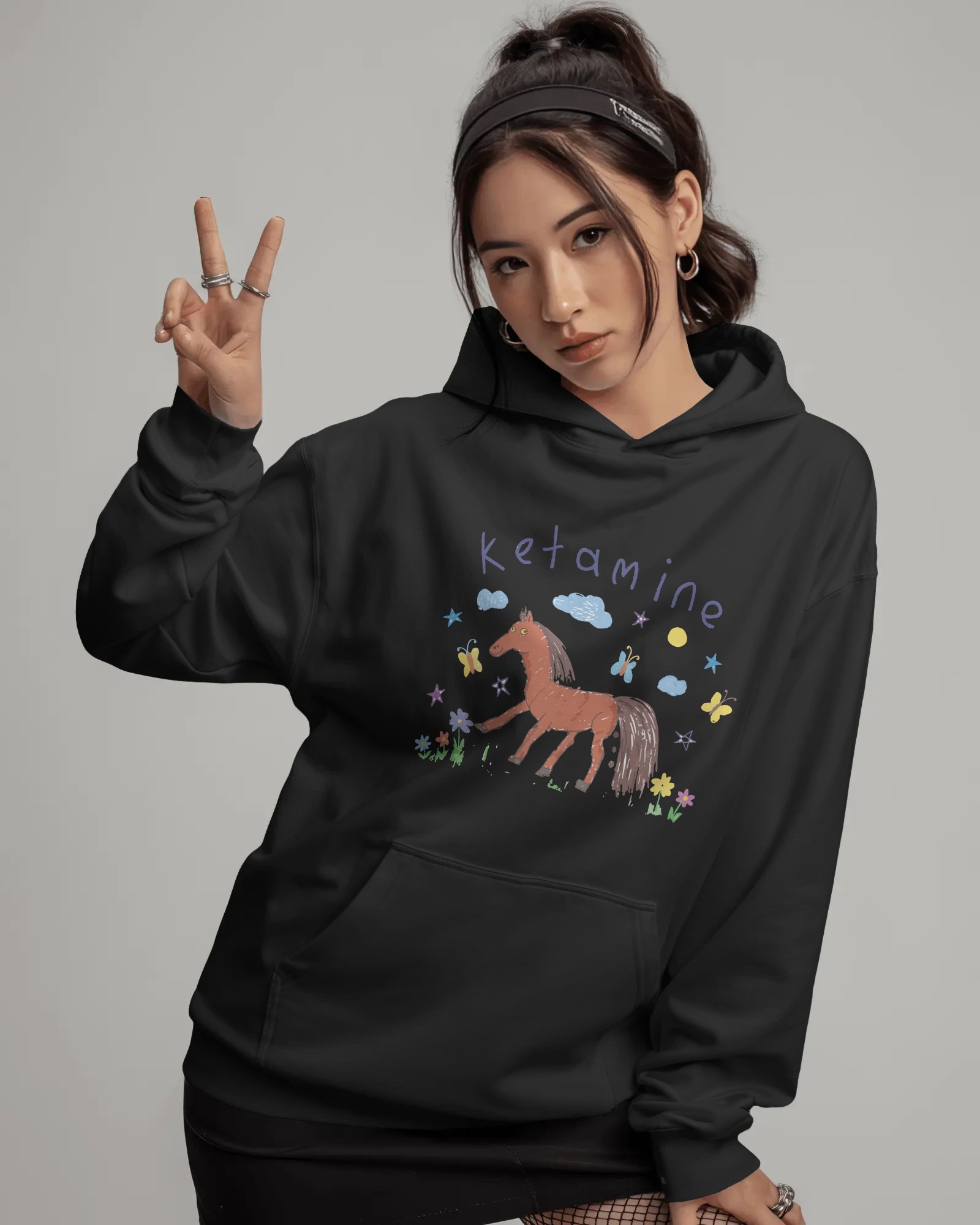 Ketamine Unisex Siyah Kapüşonlu Sweatshirt