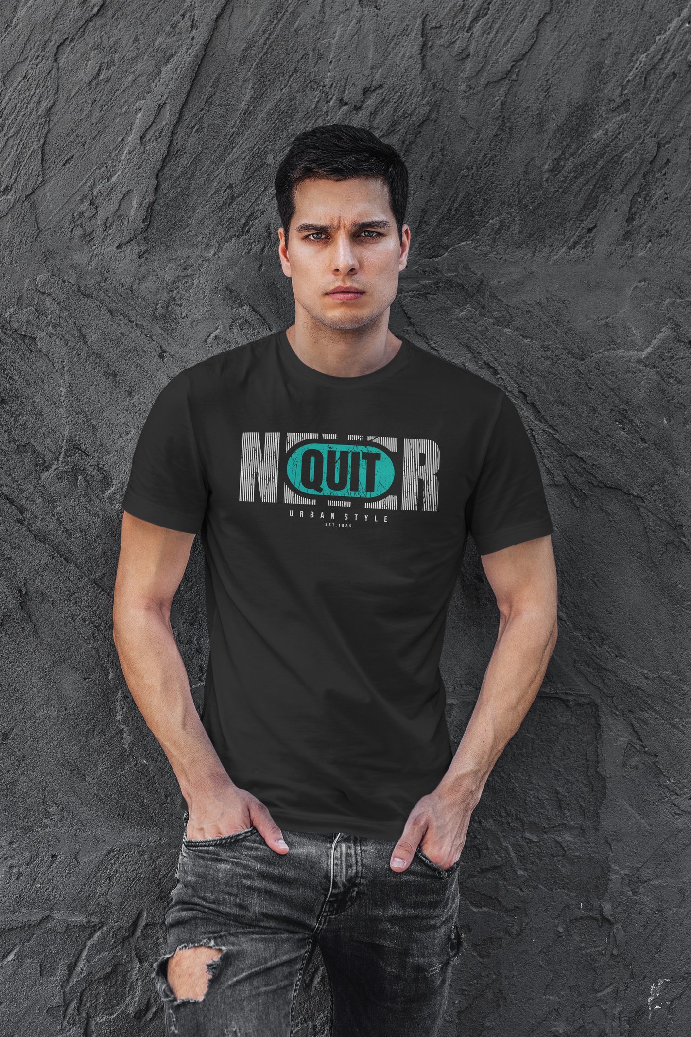 Never Quit Dijital Baskı Siyah Unisex Tişört